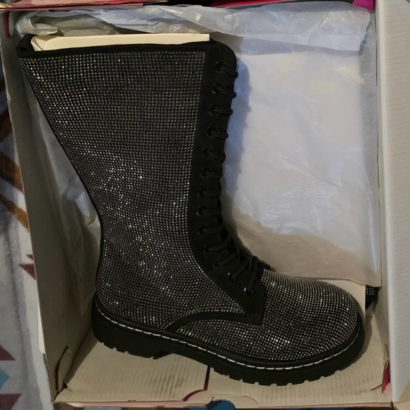 Torrid x Betsey Johnson Black Rhinestone Lace-Up Women's Combat Boots - Picture 3 of 5